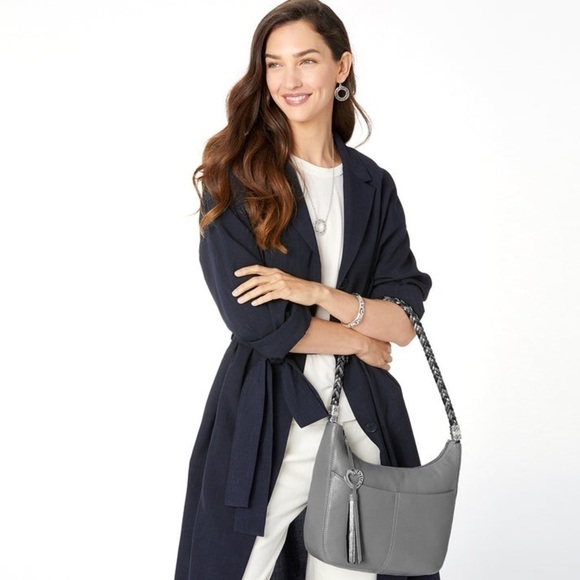 Leather Brighton Baby Blue Barbados Zip Tote Hobo w/ Silver Charm, Braided Strap - Picture 2 of 16